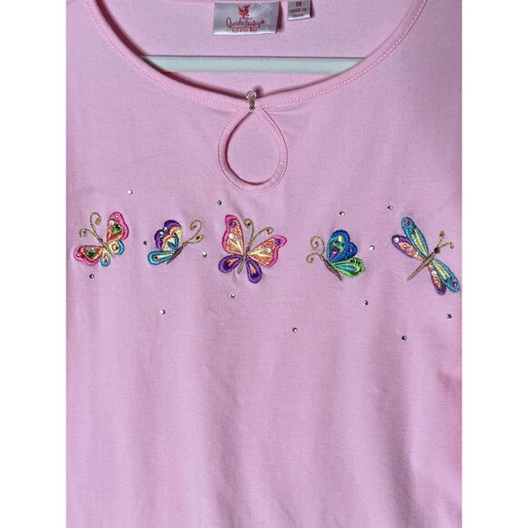 Quaker Factory womens size 1X tunic pink fireflies butterflies pastel - Picture 3 of 11